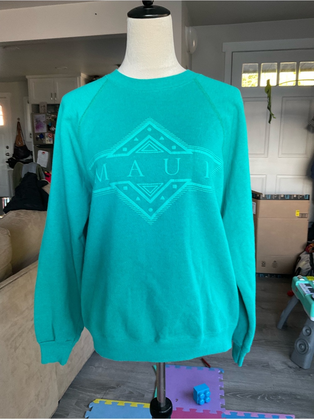 🌺Vintage 90s Hanes Maui Hawaii Diamond Graphic Raglan Sweatshirt Teal L
